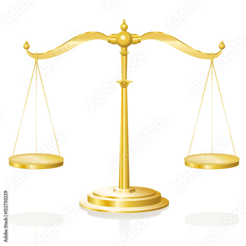 Balance scale - golden weighing device with two hanging pans perfectly balanced - isolated vector illustration on white background.