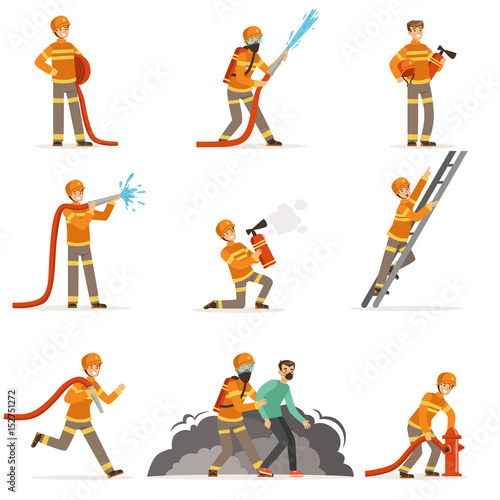 Firemen characters doing their job and saving people set. Firefighter in different situations cartoon vector Illustrations