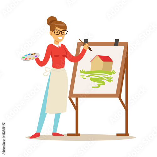 Woman artist holding palette and brush standing near easel. Craft hobby and profession colorful character vector Illustration