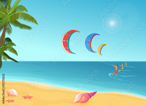 People with parachutes kiteboarding in sea.
