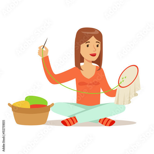 Young woman sitting on the floor and embroidering cross on the canvas. Craft hobby and profession colorful character vector Illustration