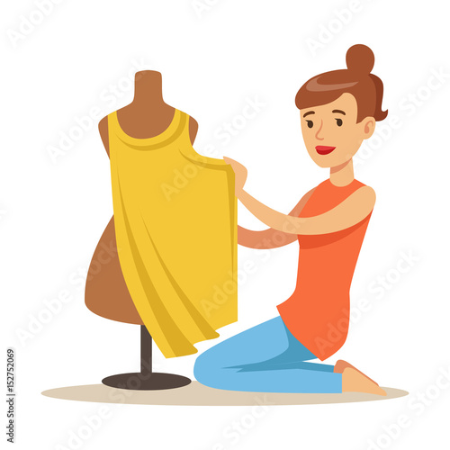 Young woman tailor sitting on the floor and sewing dress on a dressmakers dummy. Craft hobby and profession colorful character vector Illustration