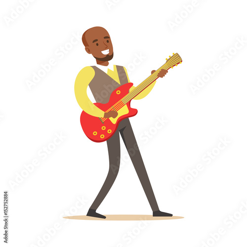 Young musician playing electric guitar. Colorful character vector Illustration