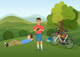 People with camera and bicycles in nature near mountains vector illustration.