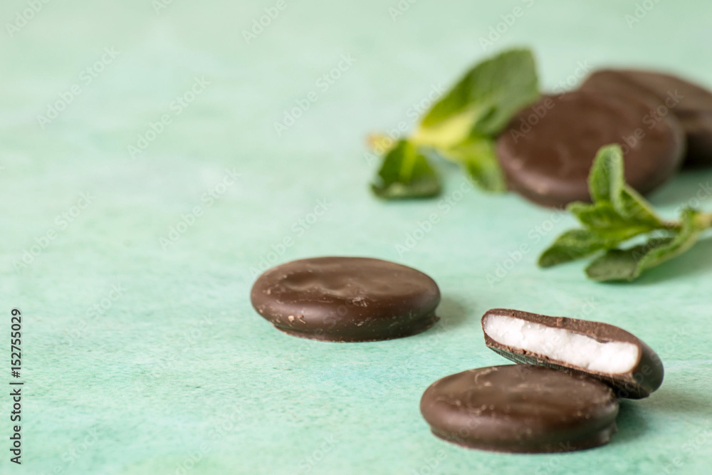 Dessert. Chocolate sweets with mint flavor and fresh mint leaves on a light background. Dessert. Chocolate sweets with mint flavor and fresh mint leaves on a light background.