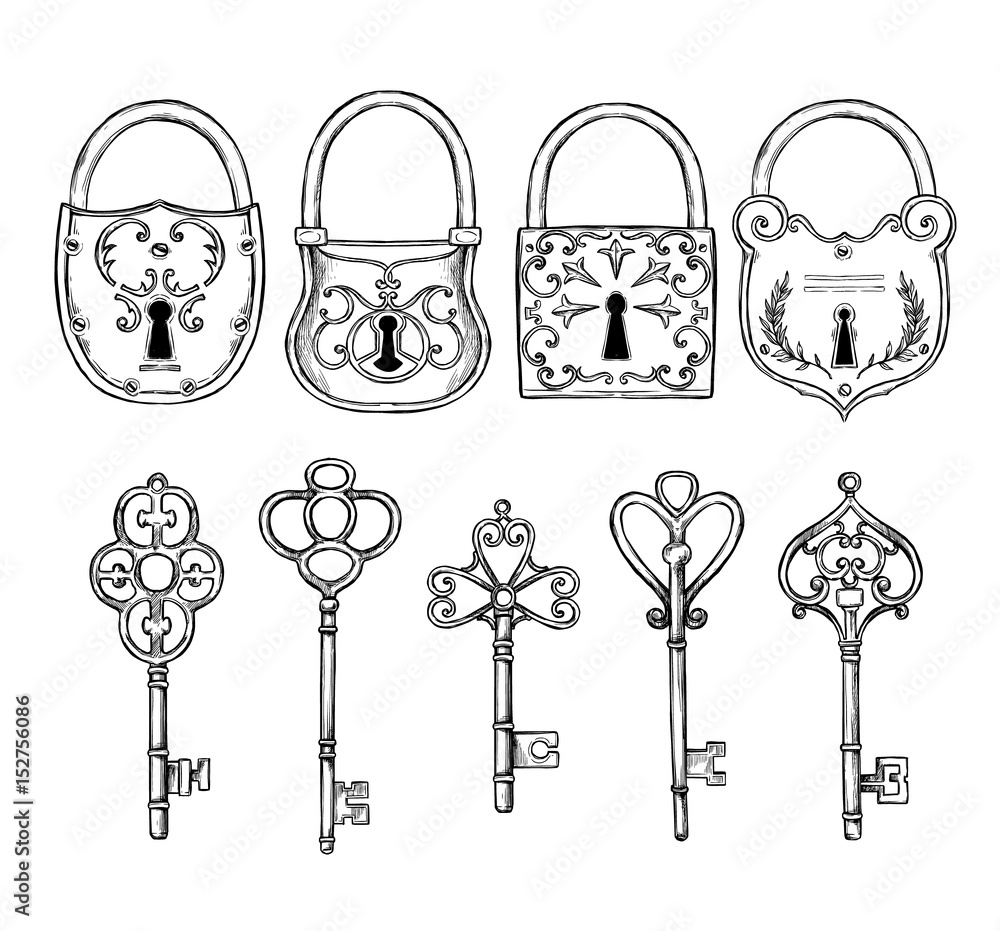 Vintage keys and locks hand-drawn collection Vector Image