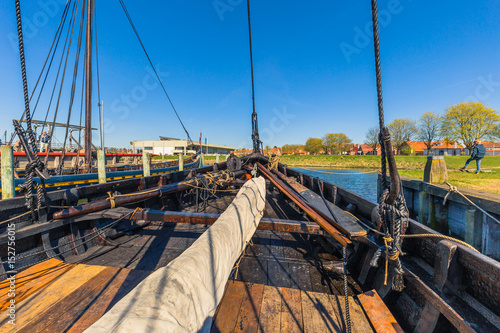 Roskilde, Denmark - May 01, 2017: Viking long boats in the harbor of Roskilde photo