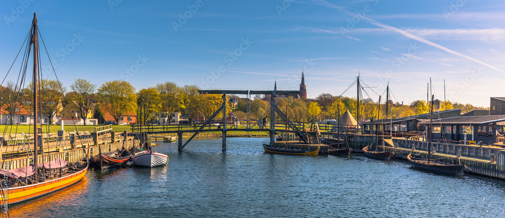 Fototapeta premium Roskilde, Denmark - May 01, 2017: Viking long boats in the harbor of Roskilde