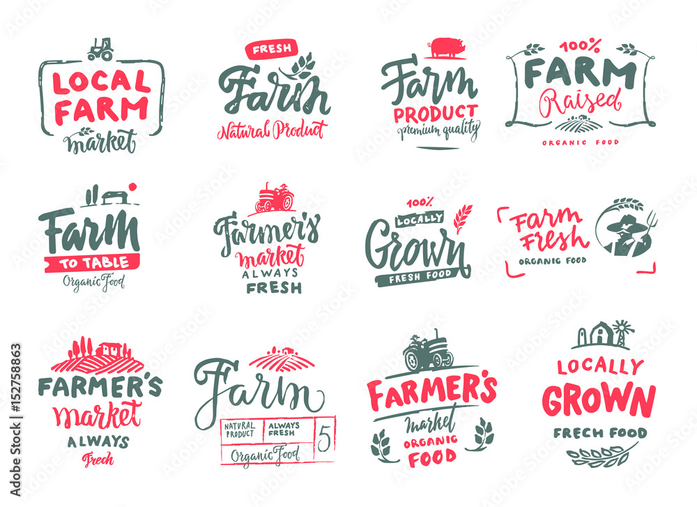 Farm icons set. natural, organic food. Symbol vector illustration. Hand made. Vintage farm logo collection.