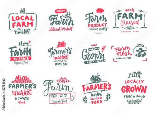 Farm icons set. natural, organic food. Symbol vector illustration. Hand made. Vintage farm logo collection.