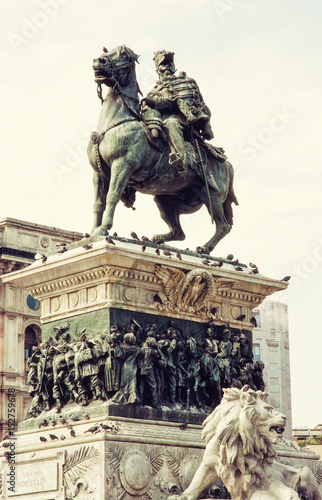 Equestrian statue of Vittorio Emanuele II in Milan, Italy, photo filter
