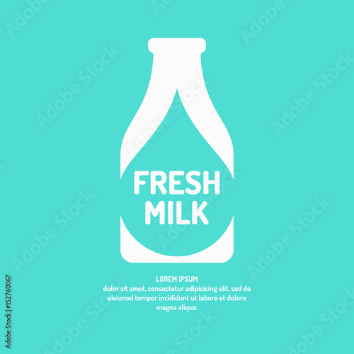 Poster fresh milk with the silhouette of the bottle, drop, and text, vector illustration in flat style