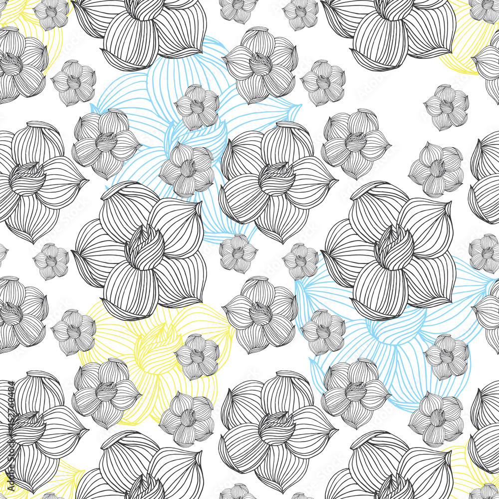 Black and white ink hand drawn roses in vector. Seamless flowers pattern