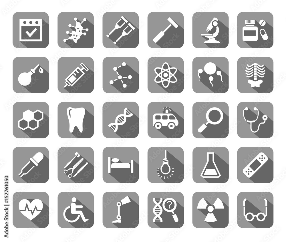 Medicine, icons, grey with shadow, vector. Medical services specialization. The profession of doctors. Medical instruments. White, flat images on a gray background with shadow. Medicine, icons, grey with shadow, vector. Medical services specialization. The profession of doctors. Medical instruments. White, flat images on a gray background with shadow.
