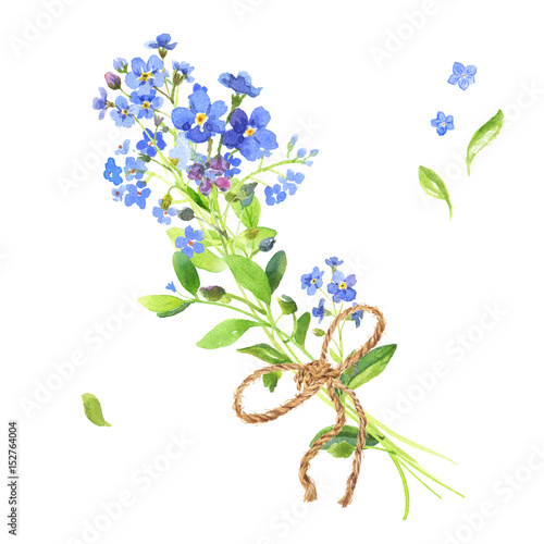 Watercolor bouquet associated with a canvas rope. Blue forget-me-nots with green leaves on white background. Can be used as wedding invitations, print, your banner or Postcards for Valentine's Day.