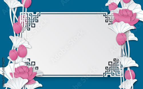 Oriental floral background with pink lotus flowers and chinese ornate cuted frame on blue backdrop for greeting card, poster or banner, paper cut out style. Space for text, vector illustration