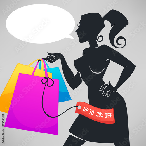 vector silhouette of beautiful fashionable lady, holding shopping bags for your discount banner or flyer