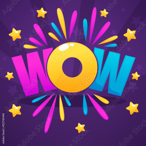 Wow lettering sign with color confetti  and gold stars