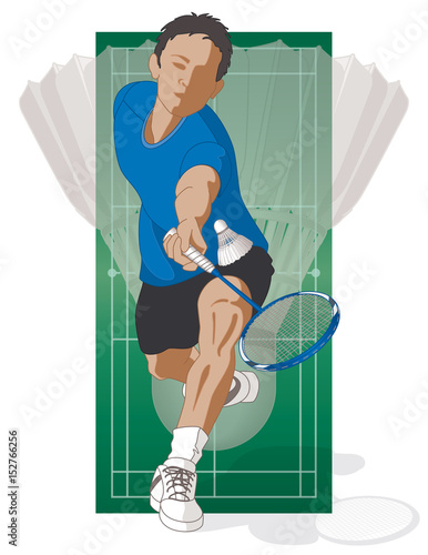 badminton player, male, hitting shuttle including shuttlecock in the background with the court