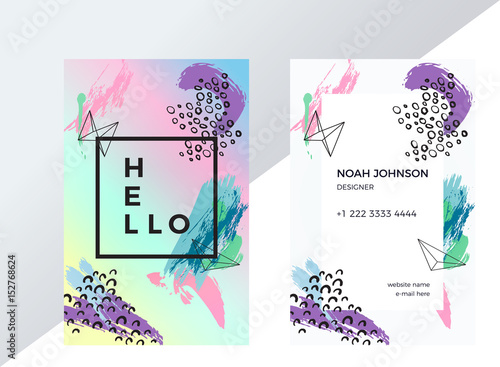 Template of double sided business card in pink, purple and blue pastel colors. Artistic texture. Brush strokes. Creative abstract background. Suitable for use for the designer or artist. Personal card