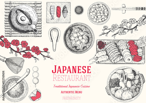 Japan food menu restaurant. Asian food poster with sashimi, miso soup, oden, natto and sushi. Top view frame vector illustration.
