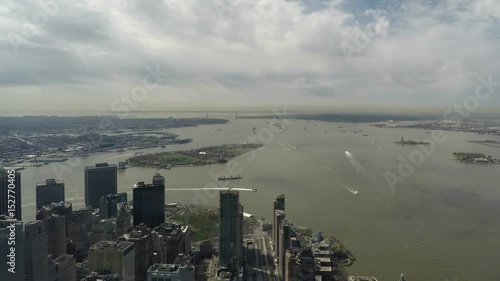 New York panoramic view from One World Trade Center Observatory.
Day view inside window of Freedom Tower, 1 WTC in Lower Manhattan, New York City at 285 Fulton Street.
 photo