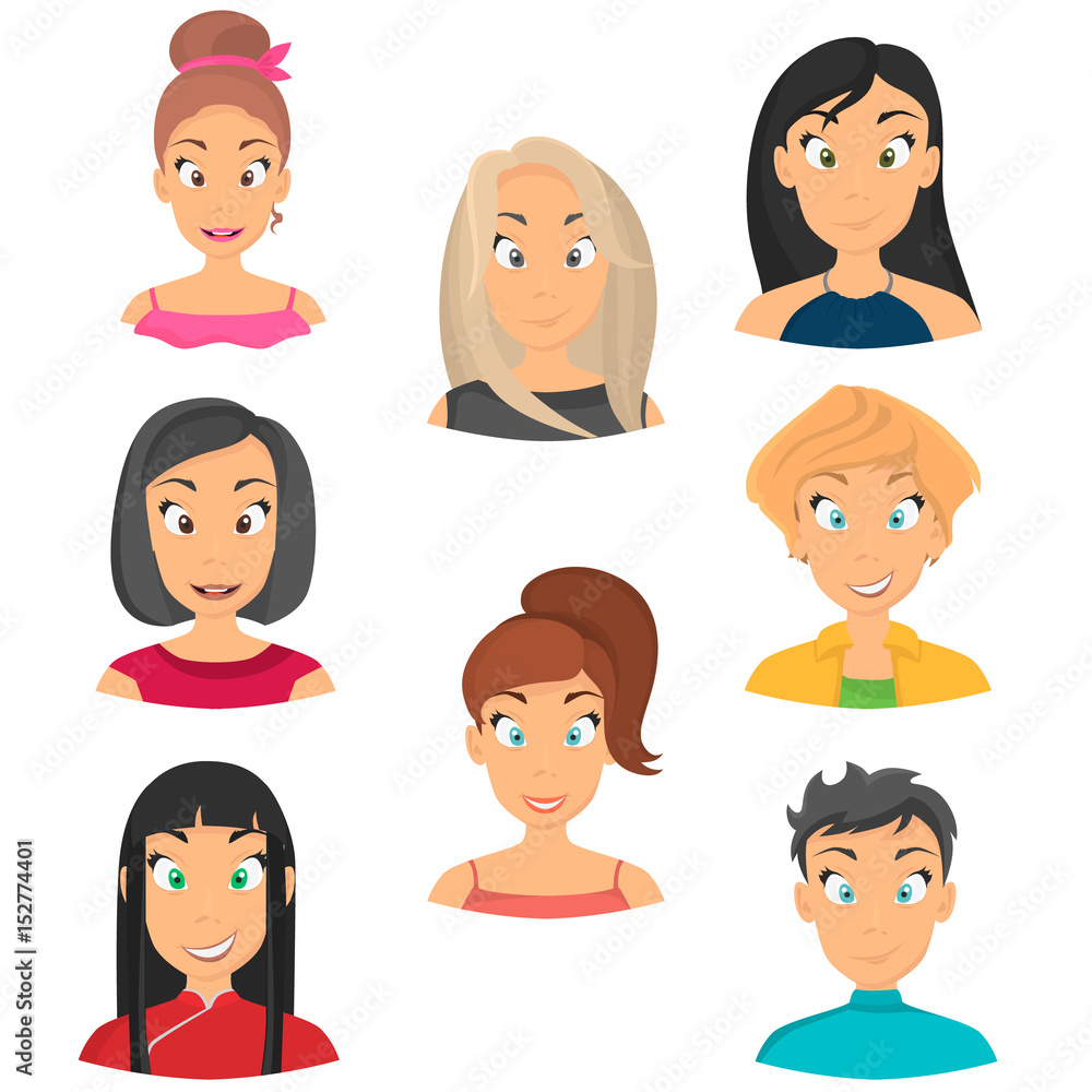 Girls avatars set icons in cartoon style for web and mobile design Girls avatars set icons in cartoon style for web and mobile design