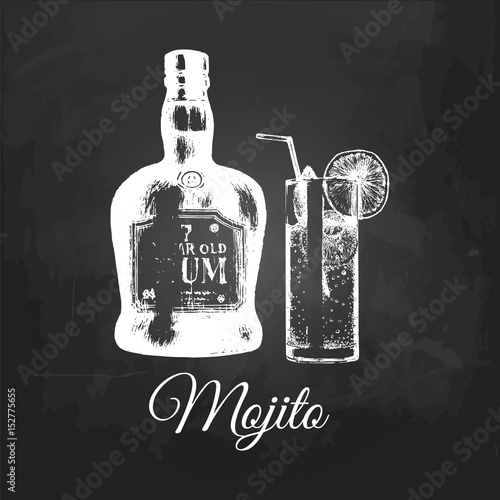 Hand sketched Mojito glass and rum bottle. Alcoholic drink drawing on chalkboard. Vector illustration of cocktail.