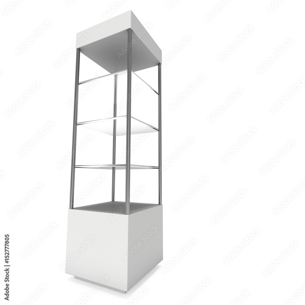 Empty showcase with glass shelves for exhibit. 3D render illustration isolated on white background. Trade show booth blank pedestal for expo design. Empty showcase with glass shelves for exhibit. 3D render illustration isolated on white background. Trade show booth blank pedestal for expo design.