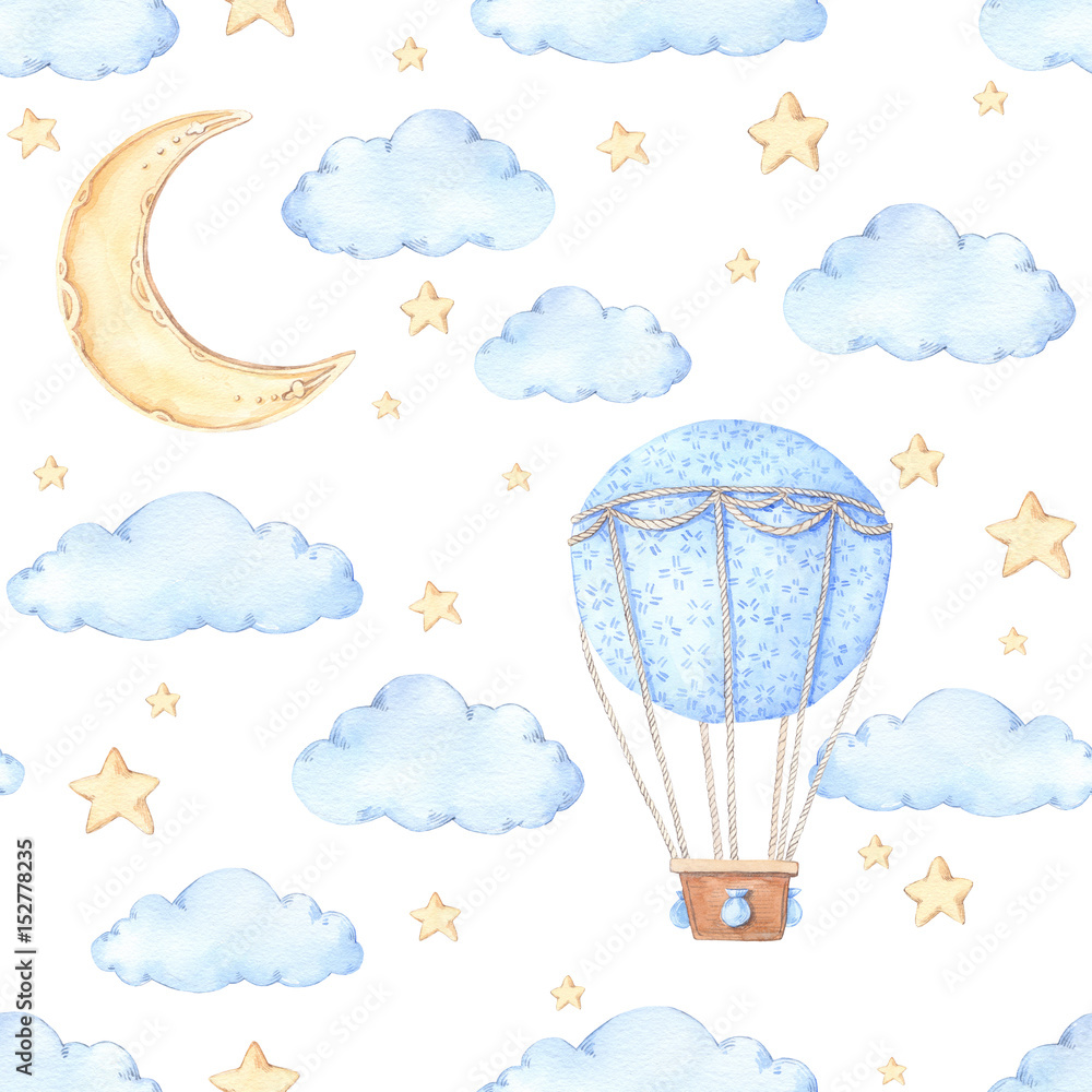 Obraz premium Watercolor seamless pattern - Air balloon, moon and stars. Ideas for a children's room. Baby shower party elements. Perfect for prints, postcards, prints, greeting cards, fabric etc