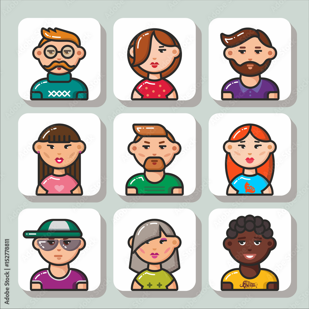 Set of cartoon people avatars- face icons. Vector Isolated flat colorful illustration. Set of cartoon people avatars- face icons. Vector Isolated flat colorful illustration.