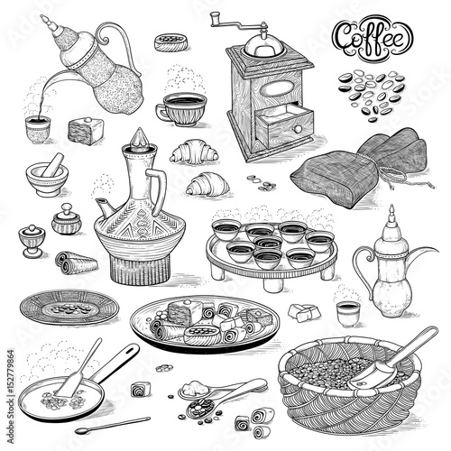 Vector sketch set drawing Arabic cup and coffeepot, vintage coffee grinder, Oriental sweets, roasted coffee beans. Illustration black and white items of the Ethiopian coffee ceremony. Engraving style.