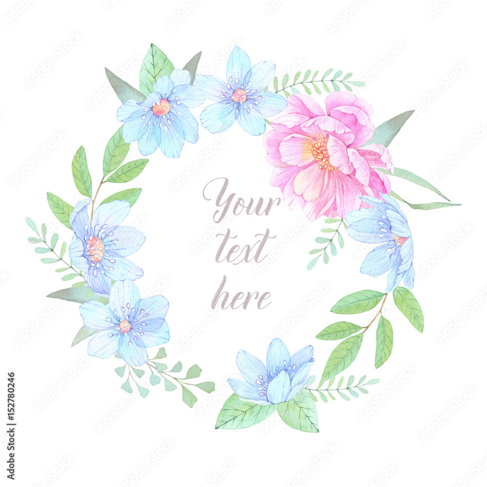 Watercolor illustration. Floral wreath with leaves, peonies and blue flowers. Perfect for Wedding invitation or greeting card. Ready to use card. Save the date.