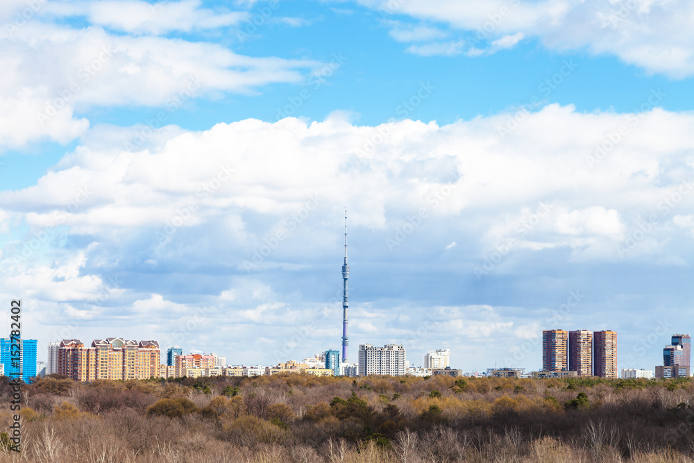 Moscow skyline with TV tower and park in spring