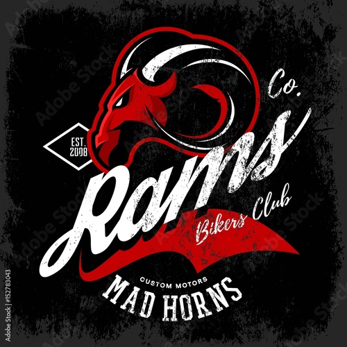 Vintage American furious ram bikers club tee print vector design isolated on black background. Street wear t-shirt emblem. 
Premium quality wild animal superior mascot logo concept illustration.