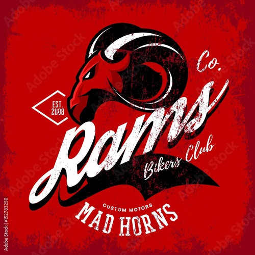 Vintage American furious ram bikers club tee print vector design isolated on red background. Street wear t-shirt emblem. 
Premium quality wild animal superior mascot logo concept illustration.