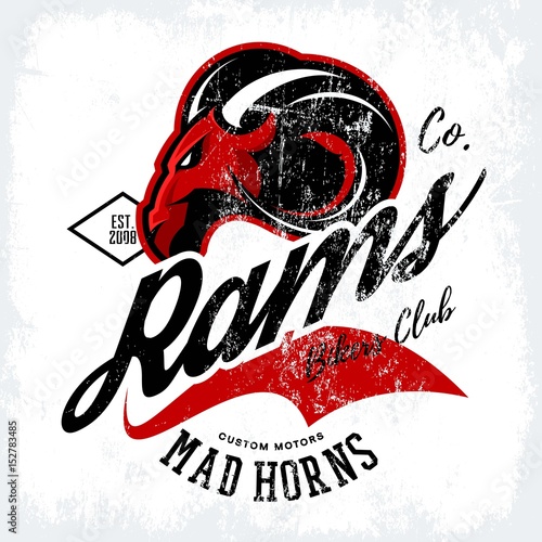 Vintage American furious ram bikers club tee print vector design isolated on white background. Street wear t-shirt emblem. 
Premium quality wild animal superior mascot logo concept illustration.