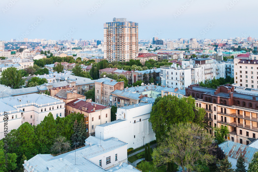 view of residential district in Kiev city in spring sunrise
