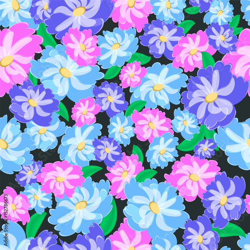 Vector seamless pattern with fancy pink and blue flowers.