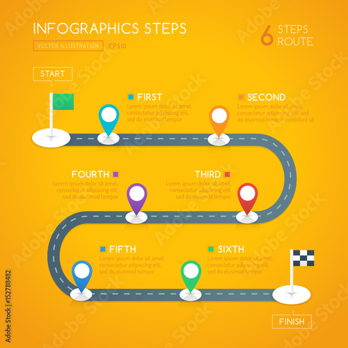 Infographics design with start, and finish goal flags. Infographic shows route steps on the road with differently colored location markers. Graphic design in flat style.