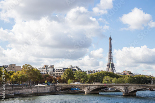 Landscapes of Paris: view of la Seine and Eiffel tower in afternoon sun