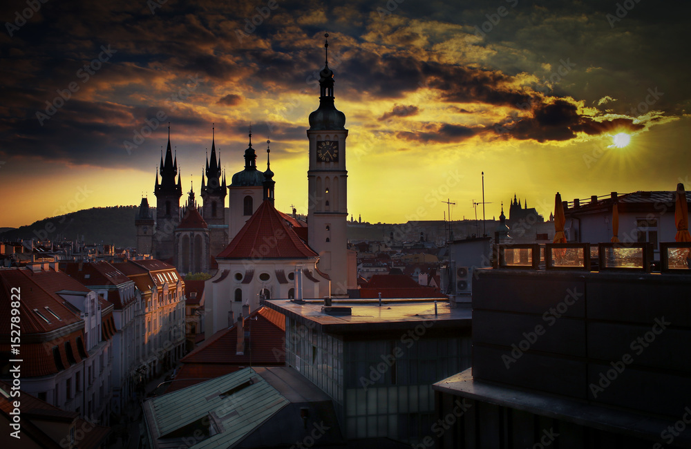 prague at night and sunset