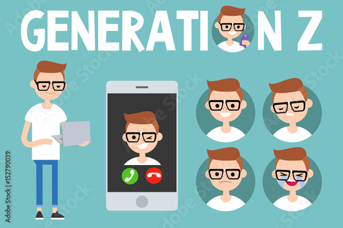Generation Z conceptual set. sign, full length millennial character holding laptop, smartphone and 4 icons with different emotions