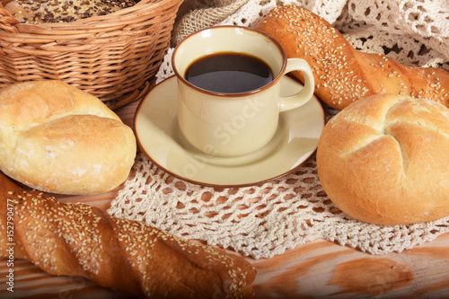 Breakfast with fresh warm bread and coffee