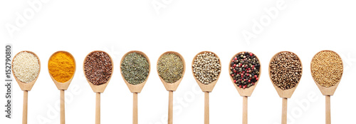 Collage of different seasoning in wooden spoon