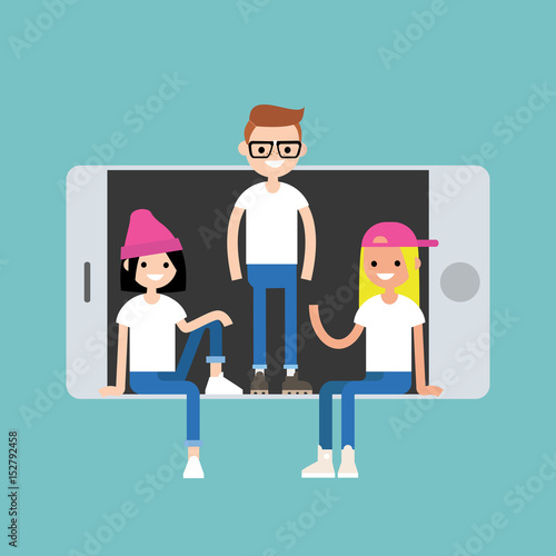 Millennial friends sitting and standing inside the smart phone concept / Editable flat vector illustration