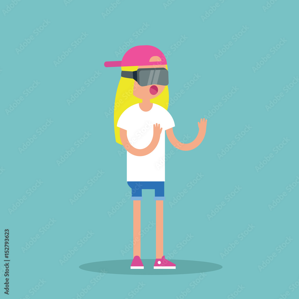 Young blond teenage girl wearing virtual reality glasses / flat editable vector illustration Young blond teenage girl wearing virtual reality glasses / flat editable vector illustration