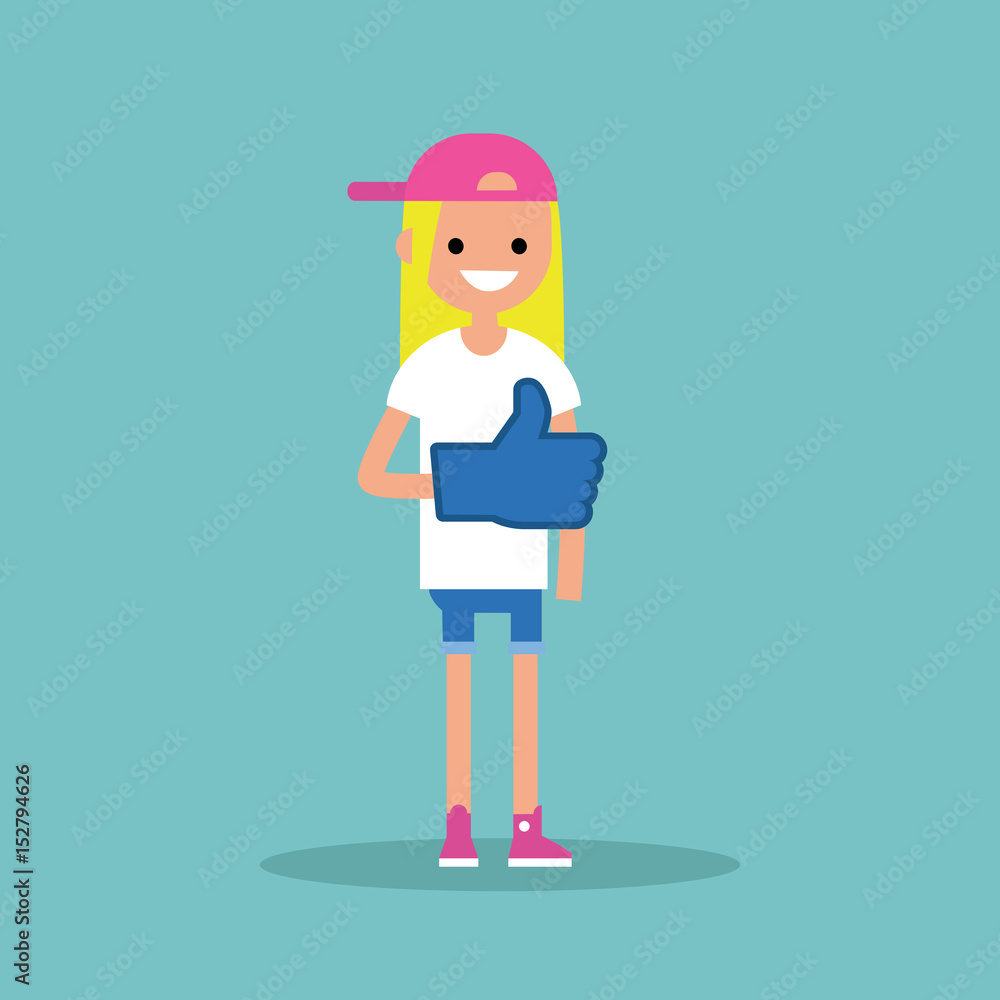 Like concept. Teenage blond girl wearing foam finger / editable flat vector illustration Like concept. Teenage blond girl wearing foam finger / editable flat vector illustration