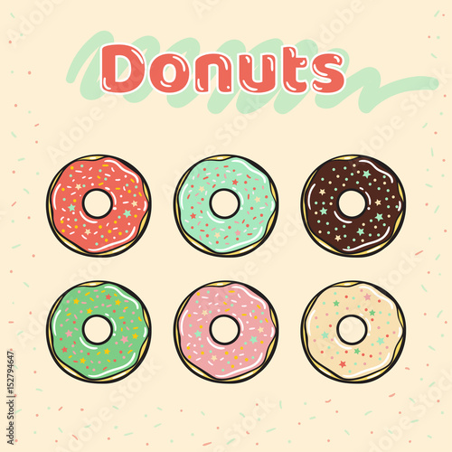 Colorful set of glazed donuts with caramel and sweets.