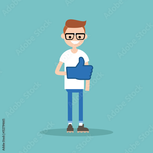 Like concept. Teenage nerd boy wearing foam finger / editable flat vector illustration